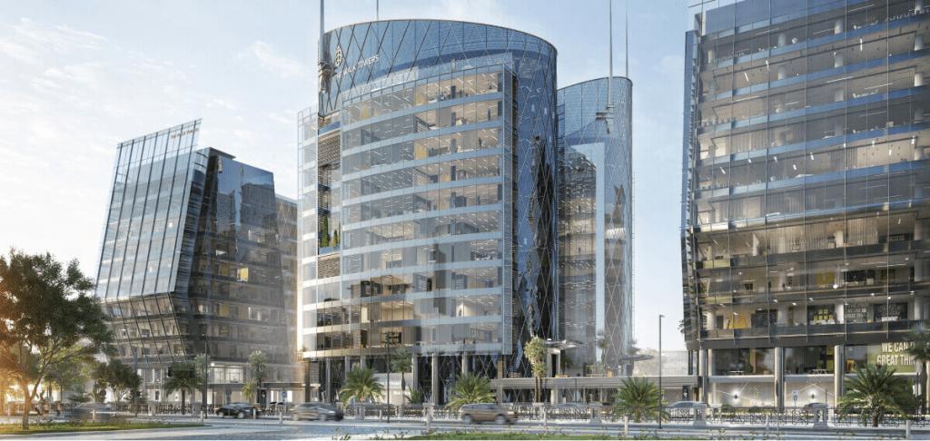 Rendering of modern glass towers in a new Riyadh district