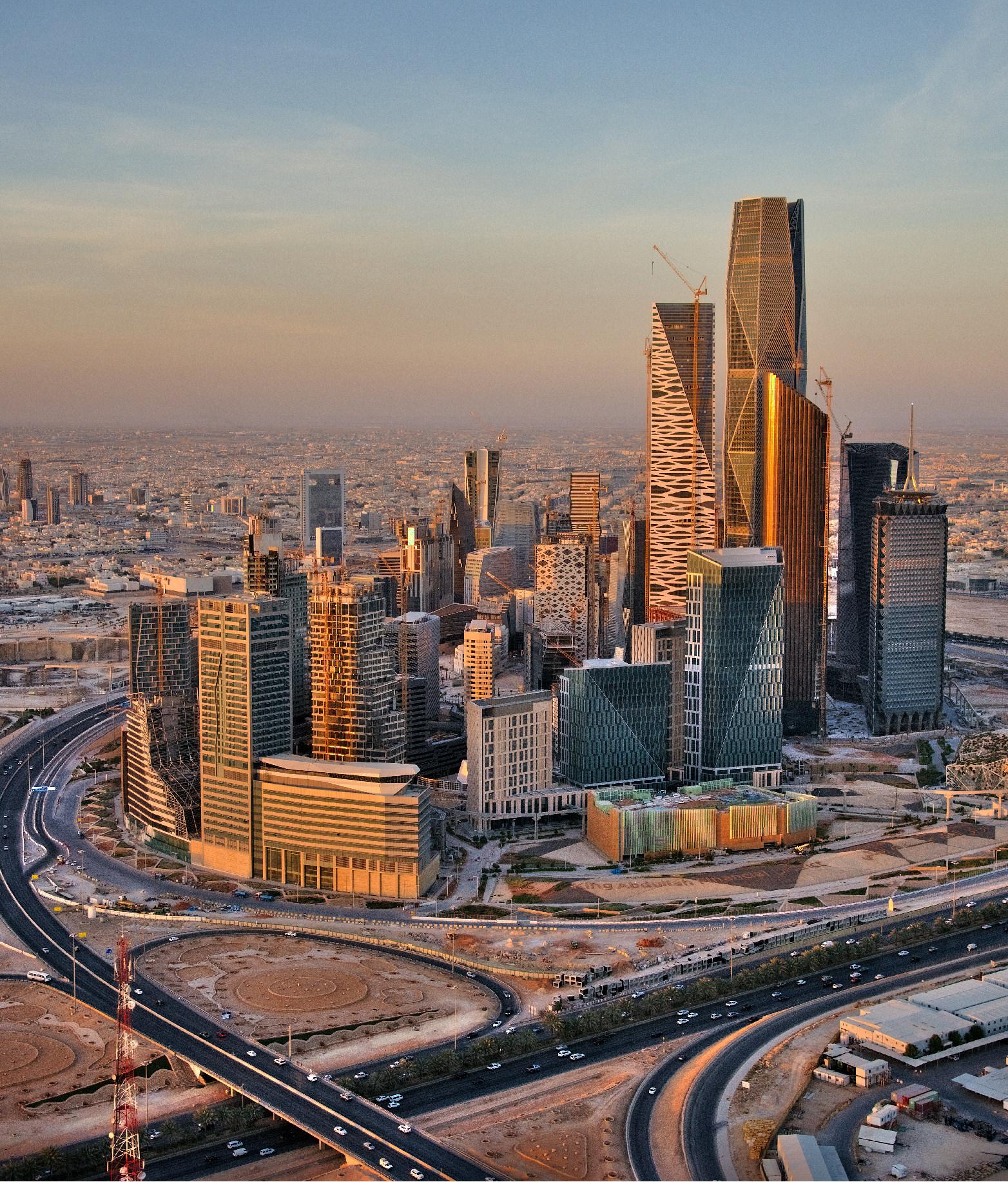 King Abdullah Financial District towers in Riyadh during golden hour