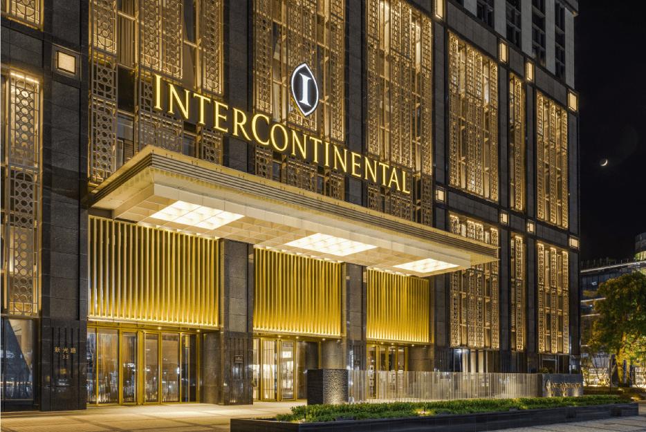 Illuminated luxury hotel entrance in Saudi Arabia at night